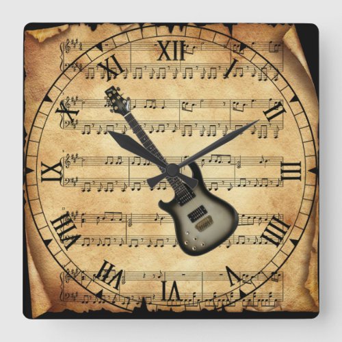 Electric Guitar  Vintage Sheet Music Background  Square Wall Clock