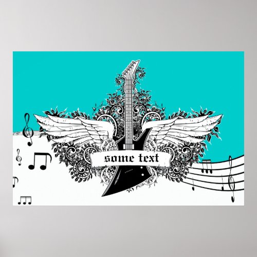Electric guitar wings black white turquoise print