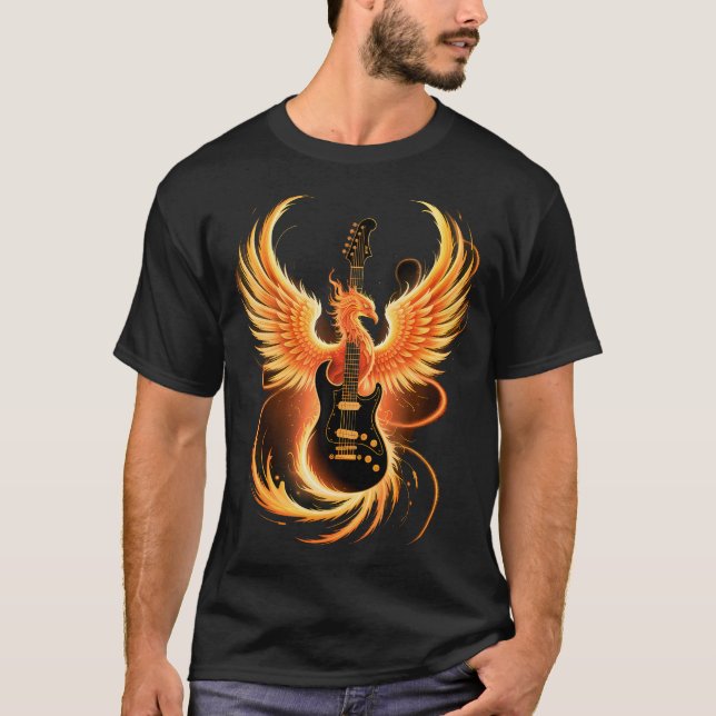Electric Guitar With Fiery Winged Silhouette In Bl T-Shirt (Front)