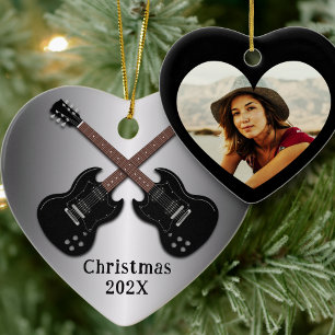 Electric Guitars Christmas Photo Heart Ceramic Ornament