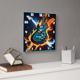 Electric guitars in a fiery musical explosion square wall clock