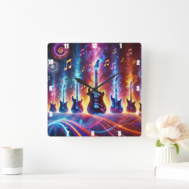 Electric Guitars Surrounded by Neon Music Notes Square Wall Clock (Home)