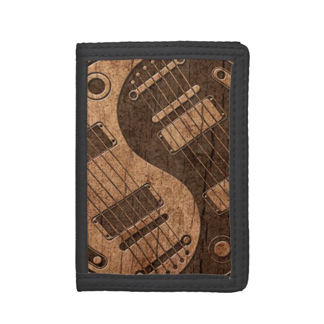 Electric Guitars Yin Yang with Wood Grain Effect Trifold Wallet (Front Vertical)
