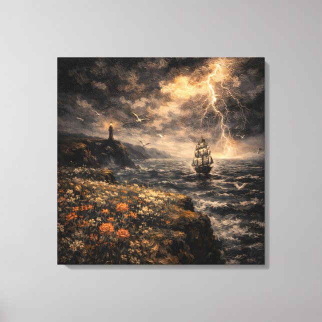 Electric Horizon: Stormy Lighthouse & Tall Ship Canvas Print (Front)