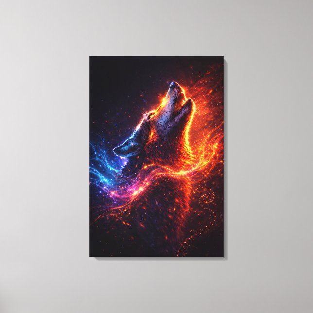 Electric Howl – Fire & Ice Wolf Canvas Print (Front)