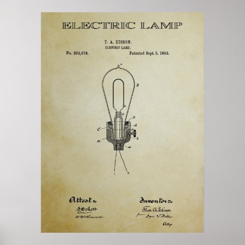 ELECTRIC LAMP PATENT 3 _  1882 POSTER