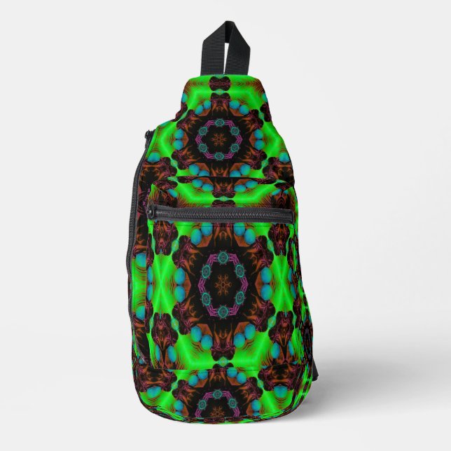Electric Lime Cosmic Mandala Sling Backpack Bag (Front)