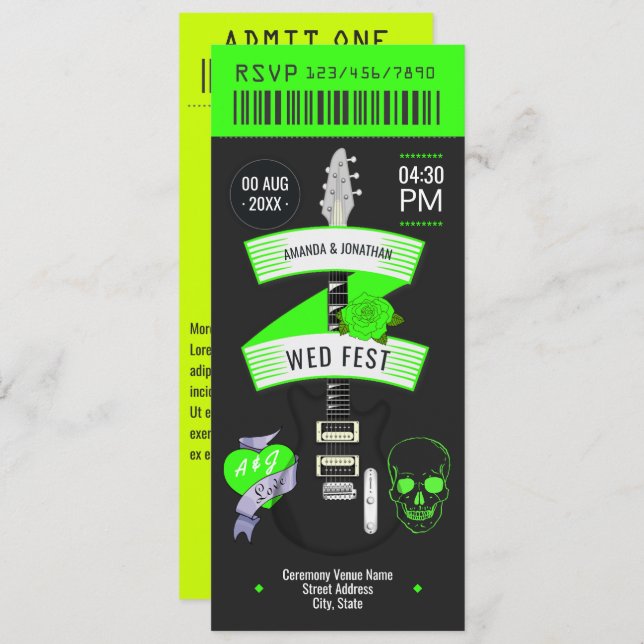 Electric Lime Rock ’n’ Roll Wedding Ticket Invitation (Front/Back)