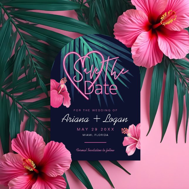 Electric Love Neon Pink Floral & Tropical Retro Save The Date (Electric Love Neon Pink Floral & Tropical Retro Save The Date)