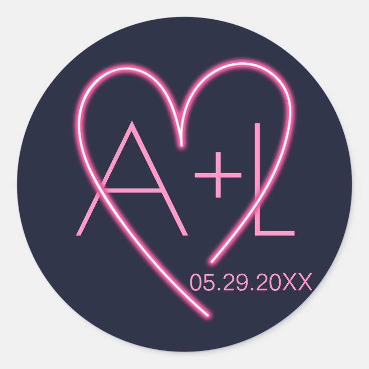 Electric Love Neon Pink Heart & Monogram Classic Round Sticker Zazzle