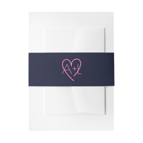 Electric Love Neon Pink Heart  Monogram Invitation Belly Band