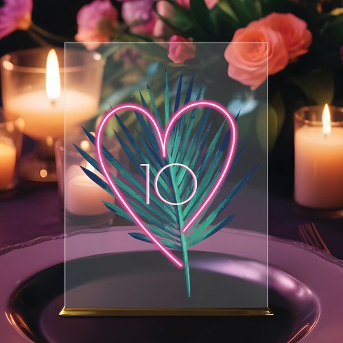 Electric Love Neon Pink Heart  Tropical Palm Leaf Acrylic Sign