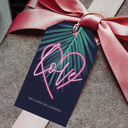 Electric Love Neon Pink Heart  Tropical Palm Leaf Gift Tags