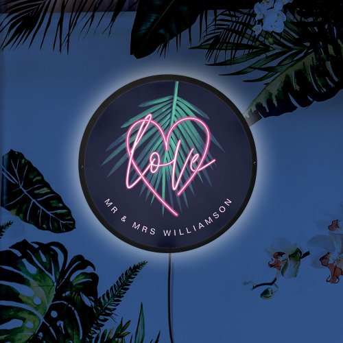 Electric Love Neon Pink Heart  Tropical Palm Leaf LED Sign