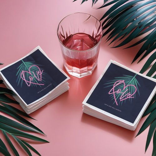 Electric Love Neon Pink Heart  Tropical Palm Leaf Napkins