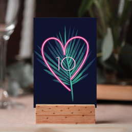 Electric Love Neon Pink Heart &amp; Tropical Palm Leaf Table Number