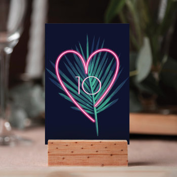 Electric Love Neon Pink Heart & Tropical Palm Leaf Table Number by moodthology at Zazzle