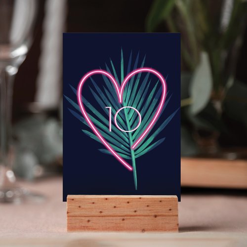 Electric Love Neon Pink Heart  Tropical Palm Leaf Table Number