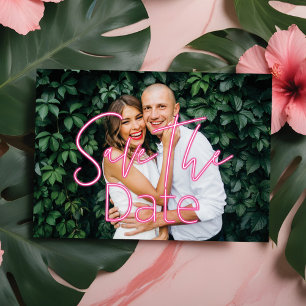 Electric Love Neon Pink Heart & Typographic Photo Save The Date