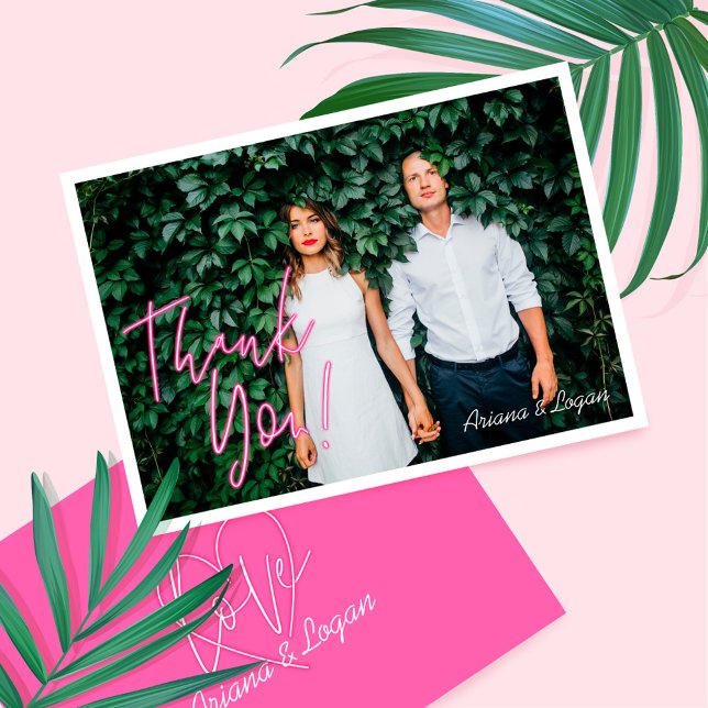 Electric Love Neon Pink Heart & Typographic Photo Thank You Card (Electric Love Neon Pink Heart & Typographic Photo Thank You Card)