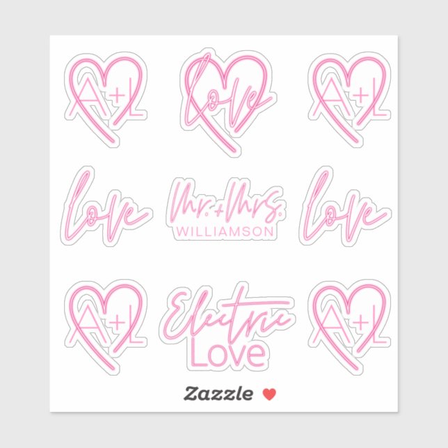 Electric Love Neon Pink Retro Signage Monogram Sticker (Sheet)