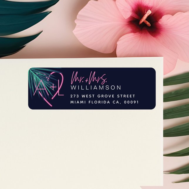 Electric Love Neon Pink Tropical Leaf & monogram Label (Electric Love Neon Pink Tropical Leaf & monogram Label)