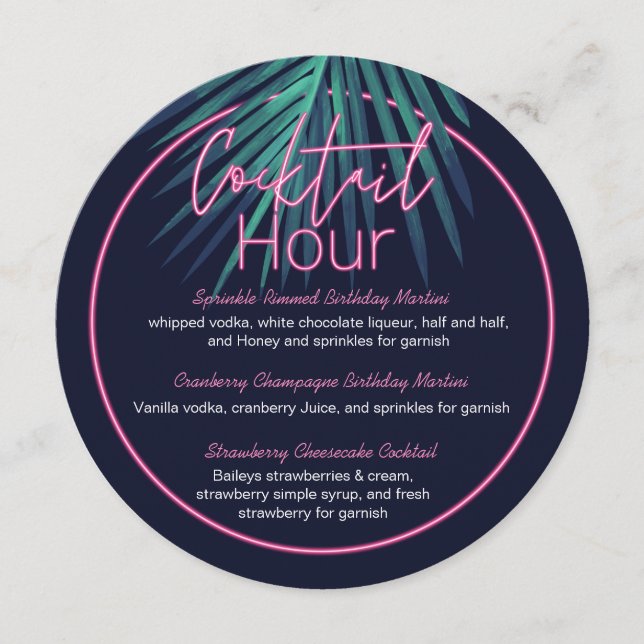 Electric Love Neon Pink Tropical Retro Cocktail Me Menu (Front)
