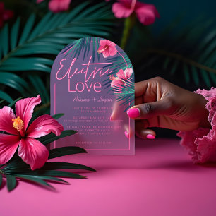 Electric Love Neon Pink Tropical Retro Wedding Acrylic Invitations