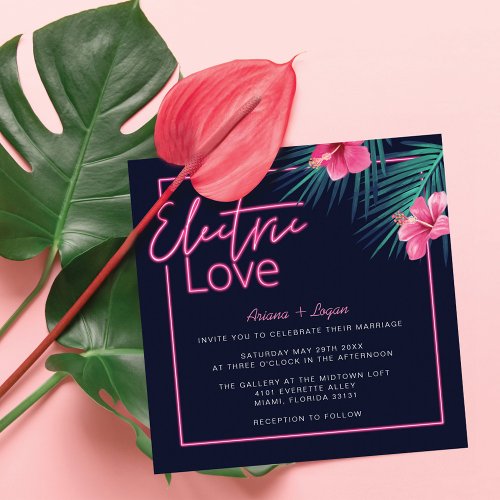 Electric Love Neon Pink Tropical Retro Wedding Invitation