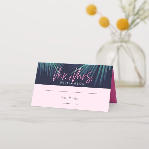 Electric Love Neon Pink Tropical Retro Wedding Place Card