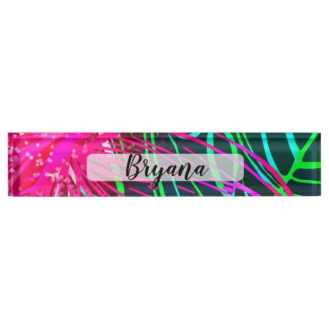 Electric Luau Tropical Night Neon Aloha Paradise Desk Name Plate (Front)