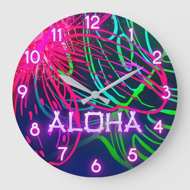Electric Luau Tropical Night Neon Aloha Paradise Large Clock (Front)