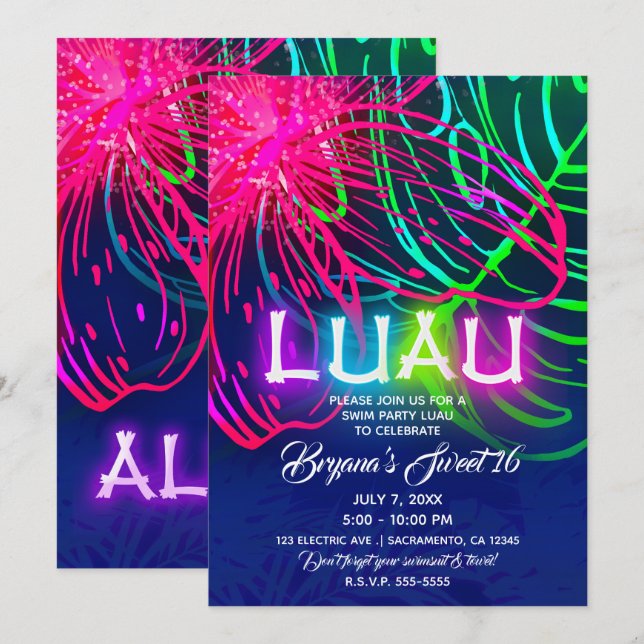 Electric Luau Tropical Night Neon Aloha Party Invitation (Front/Back)