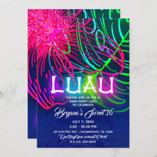 Electric Luau Tropical Night Neon Aloha Party Invitation