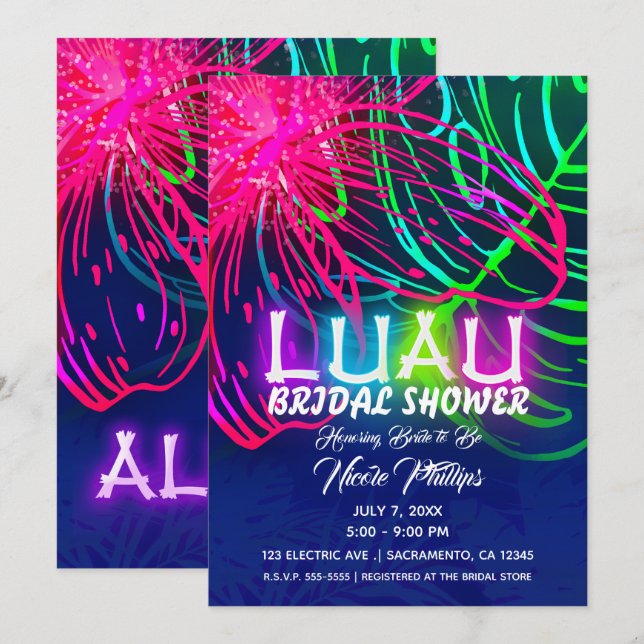 Electric Luau Tropical Night Neon Bridal Shower Invitation (Front/Back)