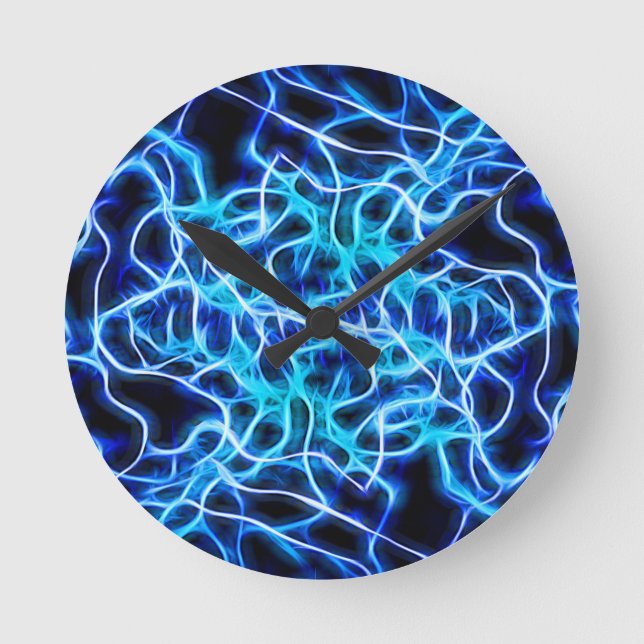 Electric Neon Blue Tesla Coil Lightning Round Clock (Front)