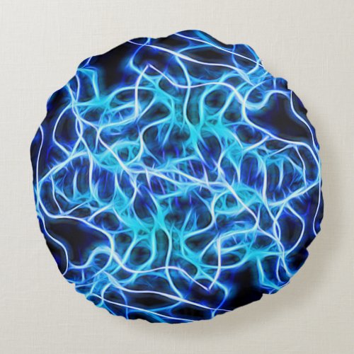 Electric Neon Blue Tesla Coil Lightning Round Pillow