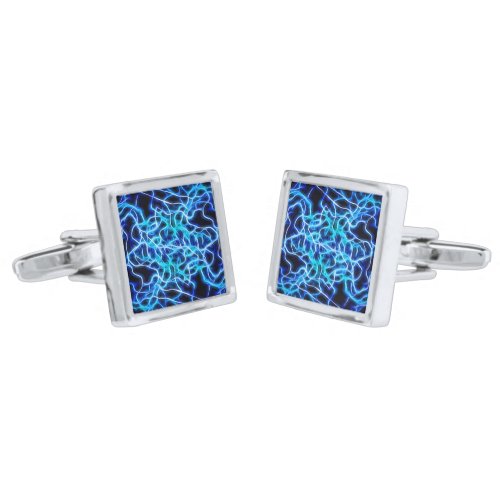 Electric Neon Blue Tesla Coil Lightning Silver Cufflinks