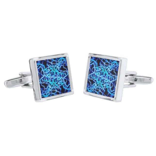 Electric Neon Blue Tesla Coil Lightning Silver Cufflinks (Angled)
