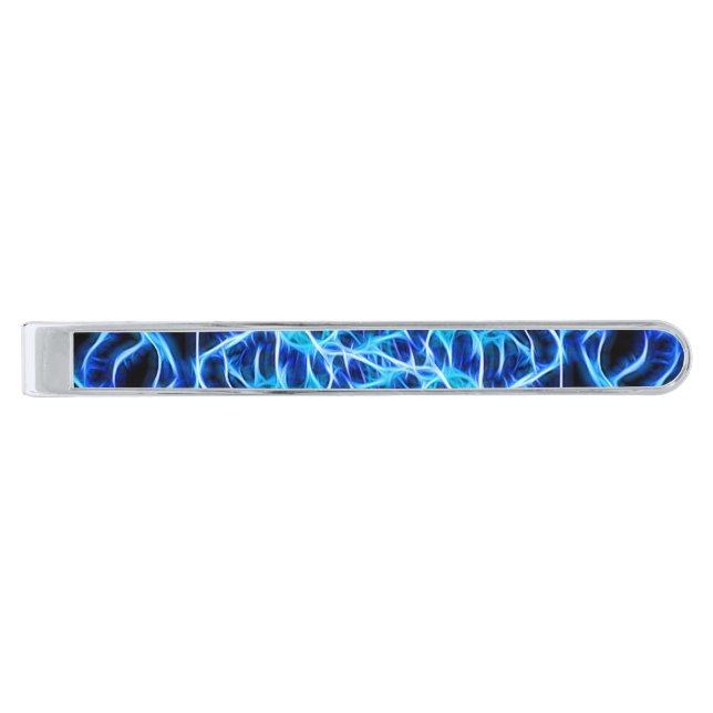 Electric Neon Blue Tesla Coil Lightning Silver Finish Tie Clip (Front)