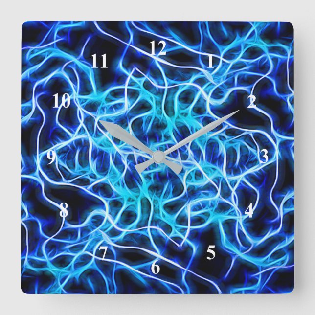 Electric Neon Blue Tesla Coil Lightning Square Wall Clock (Front)