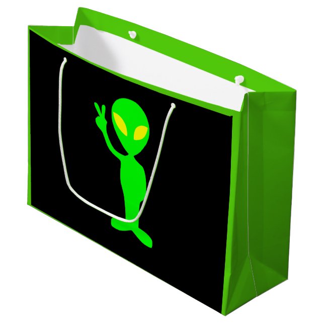Electric Neon Green & Black Alien Peace Gift Bag (Front Angled)