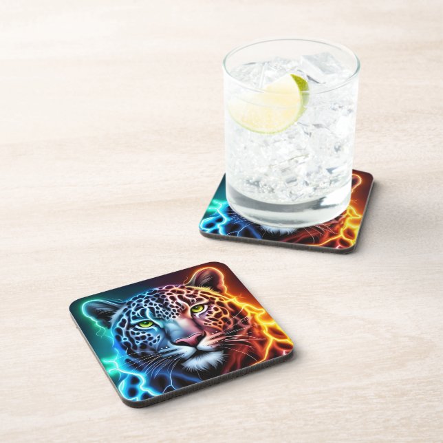 Electric Neon Leopard - Glowing Animal Design Beverage Coaster (Right Side)