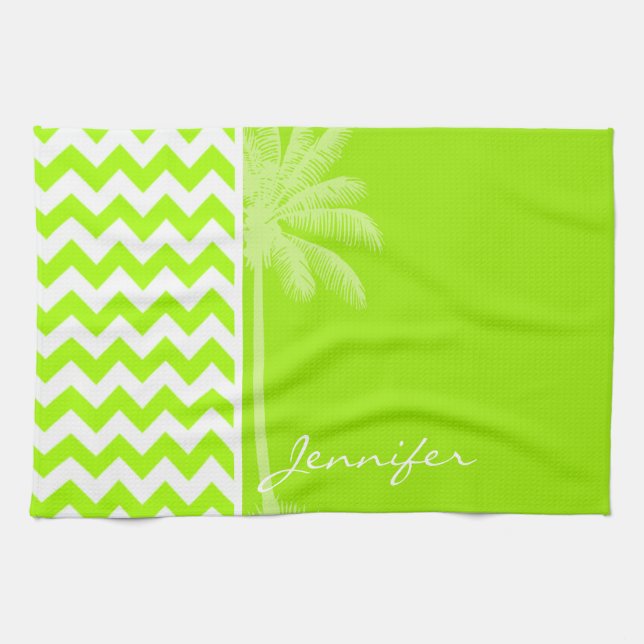 Electric Neon Lime Green Chevron; Tropical Palm Kitchen Towel (Horizontal)