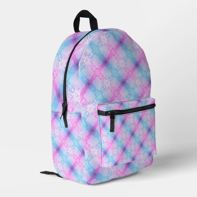 Electric Neon Pink Blue Pastel Trans Pride Plaid Printed Backpack (Back Corner Left)