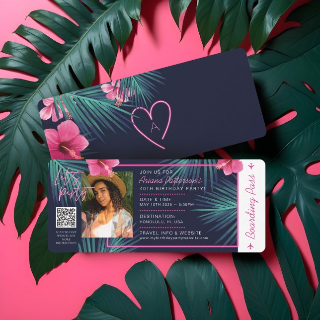 Electric Neon Pink Tropical Destination Birthday Invitation (Electric Neon Pink Tropical Destination Birthday Invitation)