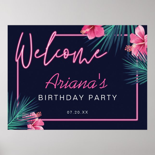 Electric Neon Pink Tropical Welcome Birthday Poster (Front)