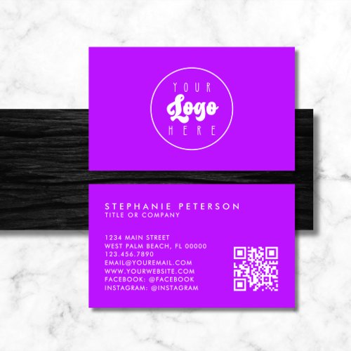 Electric Neon Purple Custom Company Logo QR Code Business Card