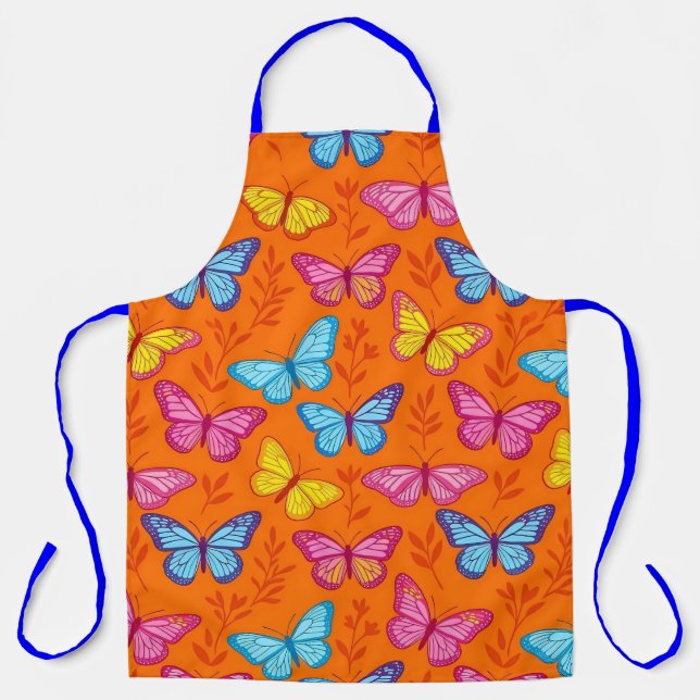 Electric Orange and Royal Blue Butterfly Pattern A Apron (Front)