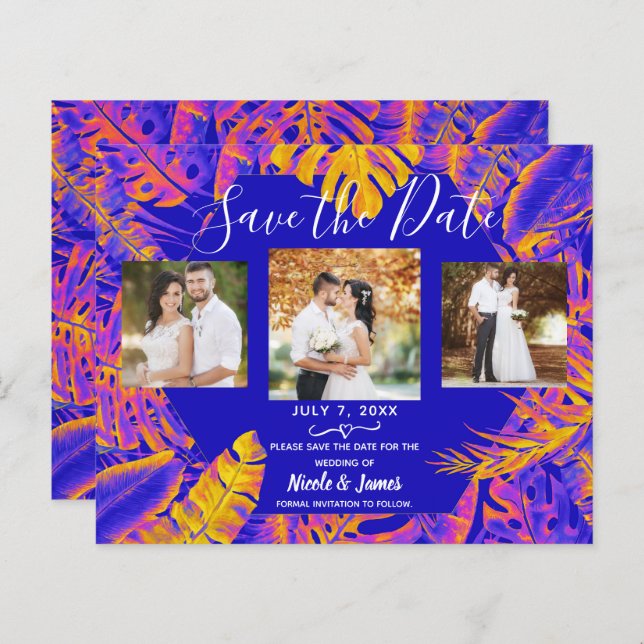 Electric Orange Blue Tropical Leaves Save the Date (Front/Back)